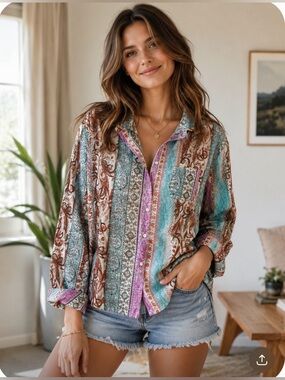 New POL Striped Paisley Button Up Shirt ~ Multicolor